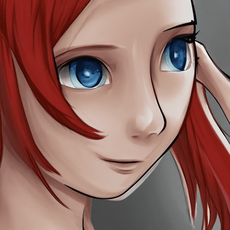 Face of a blue-eyed woman with red hair, anime, painted by baskiat.