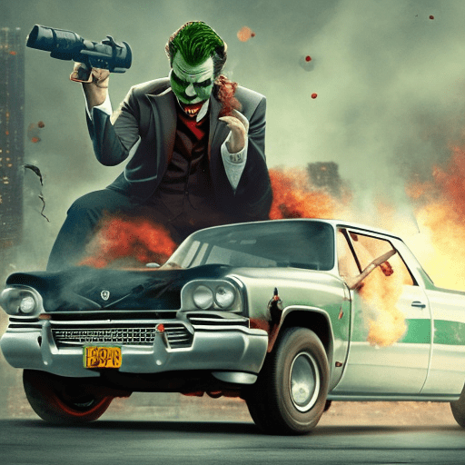 The joker shoots at the car with a grenade launcher, the car burns from the side, in the background there is a logo of a clown hat with bells on the letter with the name joker next to a truck with grenades, cinematic scene