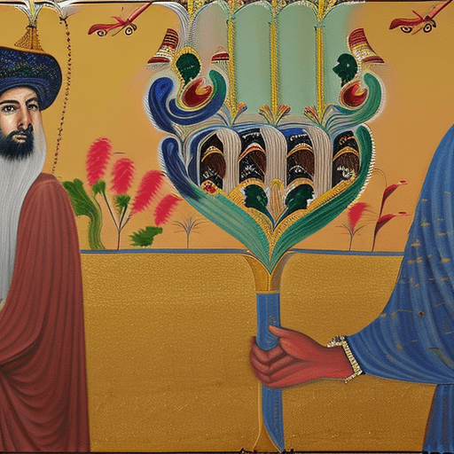 A highly detailed and intricate painting by kamal-al-din behzad, herat school, persian miniature, vibrant colors, golden background, detailed clothing, beautiful faces, high art quality, 8k, hyperrealistic"