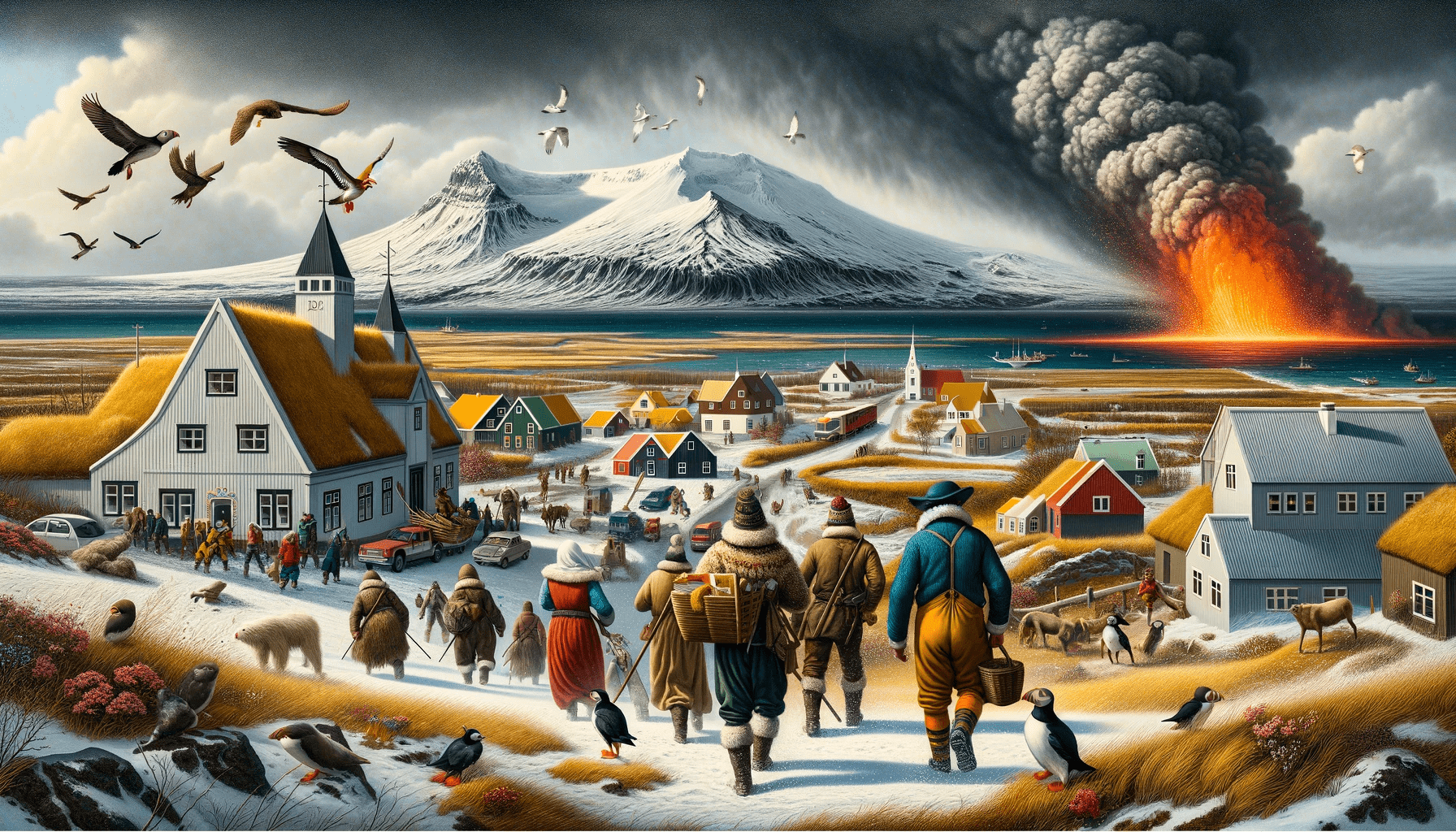 Imagine a scene inspired by pieter bruegel the elder's "the hunters in the snow, " but set in a contemporary icelandic village in 2023. The composition should maintain the original perspective of bruegel's painting: a panoramic view with a high viewpoint, capturing both the immediate foreground and the distant background. In the foreground, a group of modern-day icelandic hunters, outfitted in 2023 winter apparel, are returning to their village. Their clothing reflects the latest in outdoor gear, suited for iceland's harsh winter conditions and the challenges posed by the recent volcanic eruption. Their expressions mix relief and weariness, indicative of their recent trials while isolated from the outside world. The background showcases the dramatic transformation caused by the recent volcanic activity from the litli-hrútur volcano on the reykjanes peninsula. The sky, dense with smoke and ash clouds, is pierced by vibrant yellow and orange lava flows, creating a striking contrast against the darkened sky, akin to a high-quality photograph. In the village, inhabitants are depicted in various activities. Some are welcoming the hunters, others are observing the distant volcanic spectacle. The village architecture blends traditional icelandic styles with modern buildings, symbolizing the melding of history and modernity in icelandic culture. Crucially, the scene includes native icelandic birds, such as the atlantic puffin, known for its colorful beak, and the icelandic gyrfalcon, the largest of the falcon species. These birds are seen flying above, unaffected by the human activities below. Their presence adds a layer of natural beauty and serves as a reminder of the resilience and adaptability of wildlife in the face of natural upheavals. They also serve as a symbolic nod to bruegel's original work, where birds represented freedom, the cyclic nature of life, and a contrast to human struggles. Smoldering wildfires, ignited by the lava and fueled by the dry arctic moss, create swathes of white smoke, adding urgency and danger to the environment. This composition aims to capture the spirit of resilience and adaptability, both of the icelandic people and its wildlife, in the face of natural challenges. It's a modern reinterpretation of bruegel's classic, incorporating contemporary elements and the unique geological features of iceland's volcanic landscape.