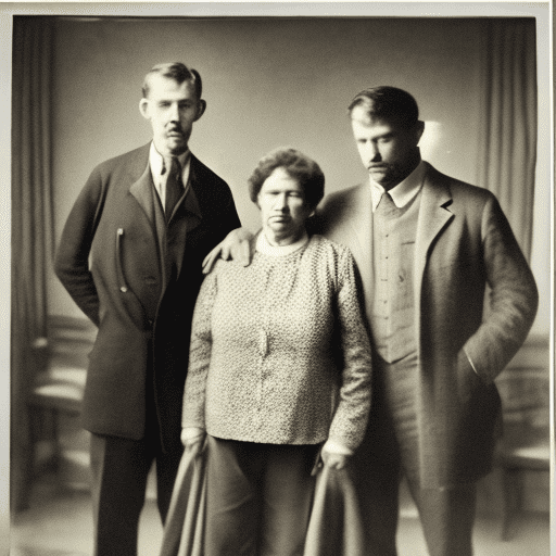A man stands facing the camera, behind the man are his parents - his mother on the left, his father on the right art