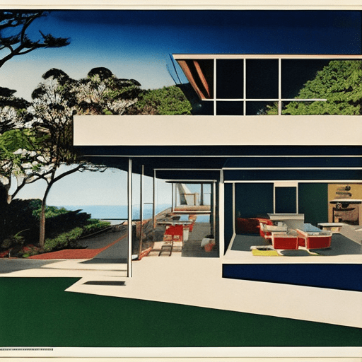Boys hyper realistic eye level exterior photo of a mid century modern style house overlooking the ocean, daylight, indirect lighting, ad magazine, frank lloyd, eames, mies van der rohe