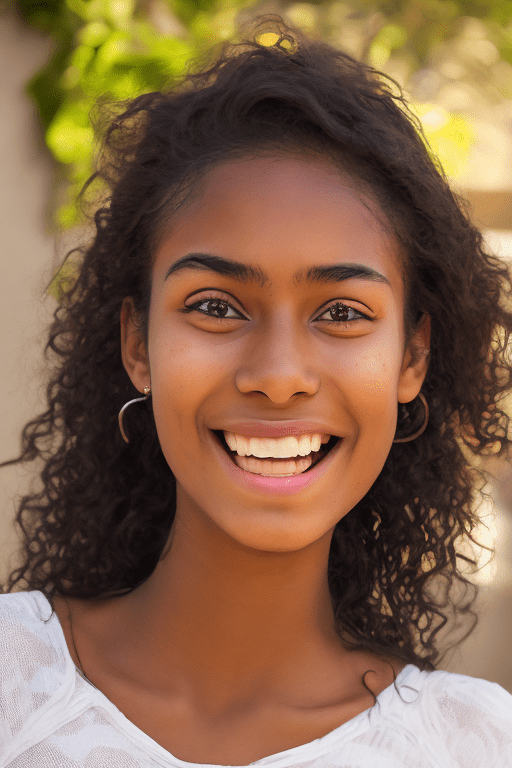 A 23-year-old born in cartagena, colombia , with a radiant smile that lights up her face. Her cinnamon-brown skin is smooth and luminous , and her hazel eyes convey a spark of joy and warmth. Her naturally wavy dark brown hair cascades over her shoulders , framing a harmonious face with prominent cheekbones and full lips
