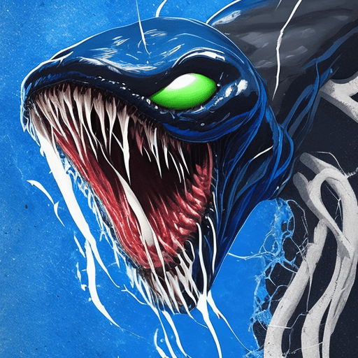 A close up of a venom with its mouth open, film key art, by charles fremont conner, full image, clear dark background, profile picture 1024px, artgeem, the artist has used bright, blue wall, detailed full body portrait, bite, sewer, --v 6 --ar 9:16