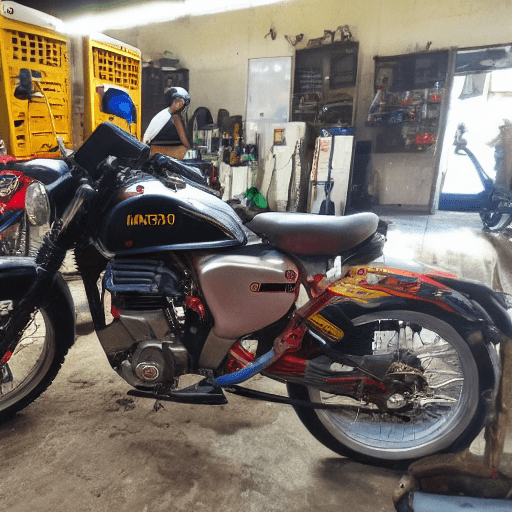 Make me a picture of a motorbike being serviced with a mechanic next to it and below there are many keys that are used to service the motorbike, additionally the words nusantara otomotif center