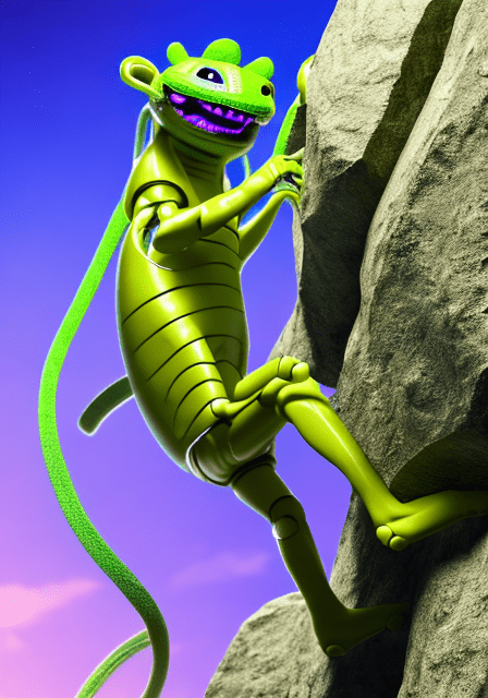 High-resolution picture of a cyber geko climbing a boulder. The geko has wires coming out of its body and it is wearing climbing shoes and chalk bag. It has one yellow eye and one purple one. 8k, intricate detail, realistic light and realistic style.