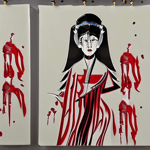A painting of a woman in red with black hair, in the style of delicate ink washes, epic fantasy scenes, chinese painting, splattered/dripped, white background, traditional costumes, soft focus lens --ar 73:98 --stylize 750 --
