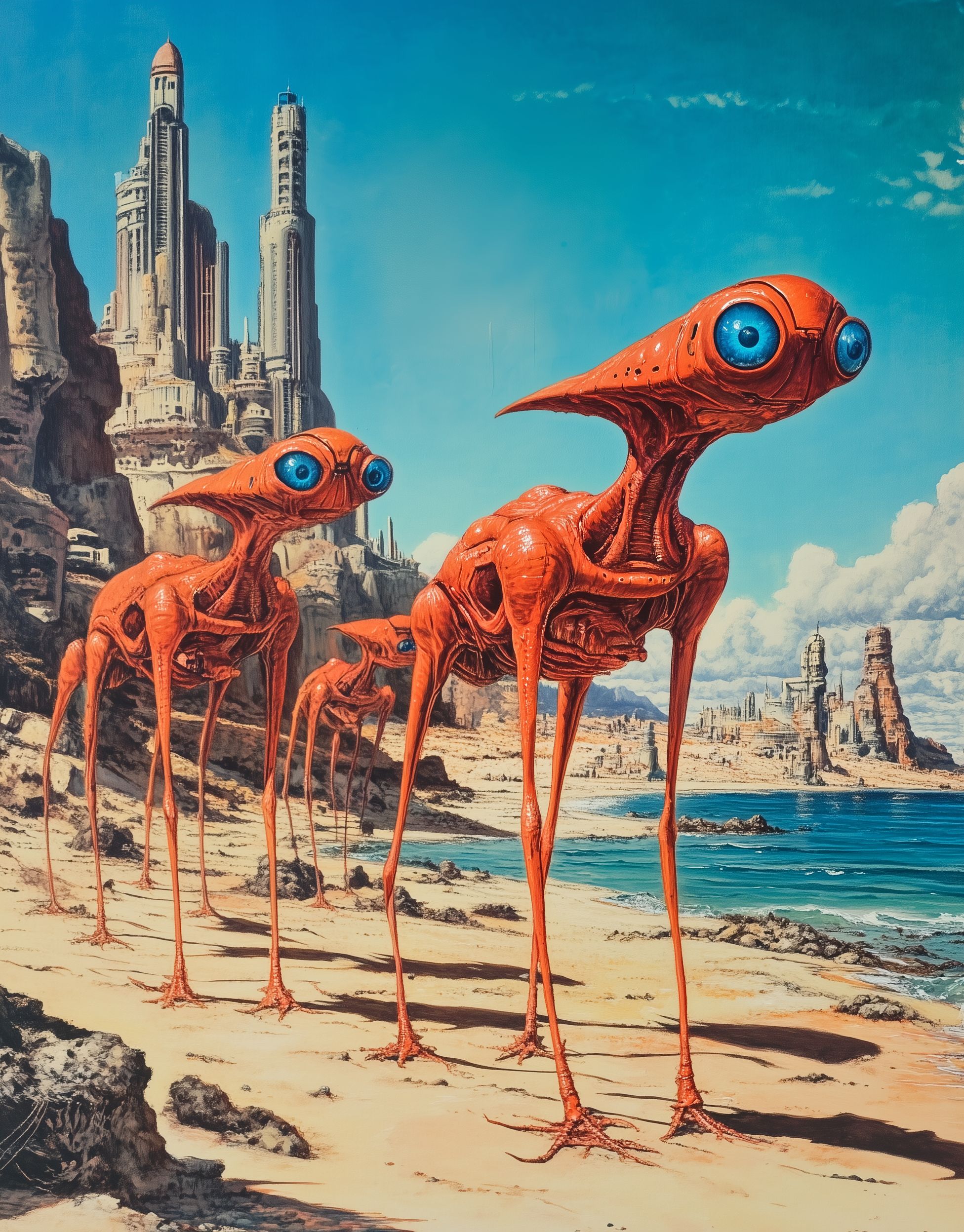 A painting of red alien creatures with blue eyes standing on the beach, with a city in the background. In the style of roger dean and moebius. --v 6. 1 --ar 25:32