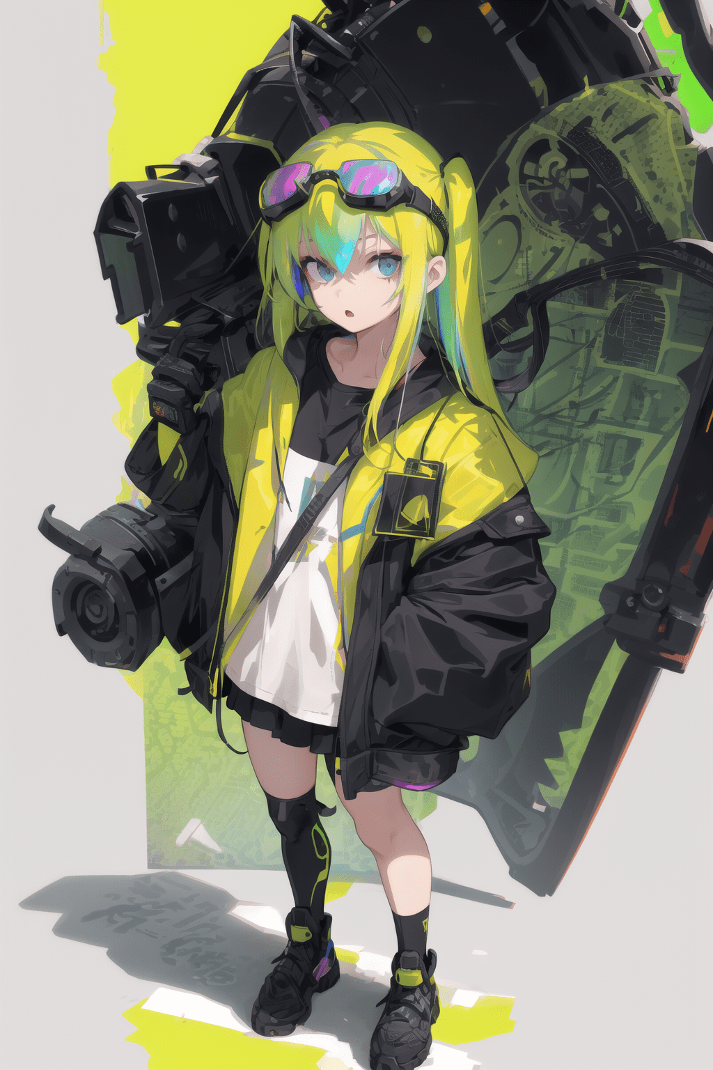 1 girl, solo, simple background, safety goggles on head, techwear, (iridescent hair1. 2) , mechanic, hair highlight color, standing, cool face, calm, sharp eyes, opened mouth, calligraphic design printed, intricate design