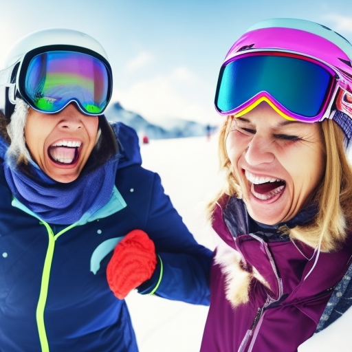 Two wrinkled besties going skiing. Laughing and having the time of their lives