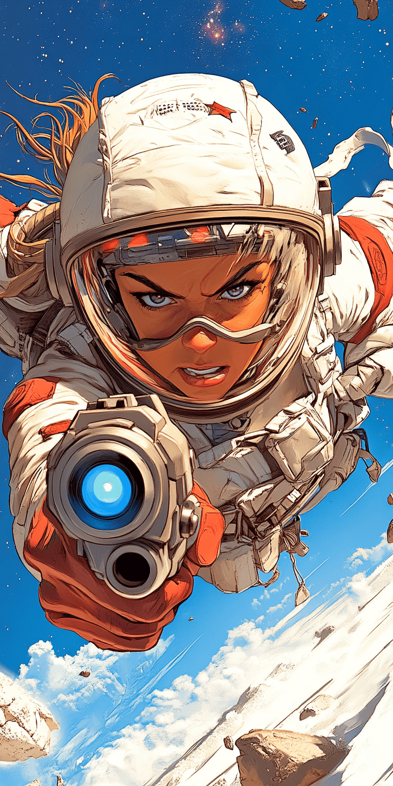 Comic book illustration of a woman in a spacesuit with a helmet and visor, holding a laser gun, in the style of alex ross, a comic book art style is flying over the surface of a snowy mountain planet, background features stars and galaxies. --ar 1:2 --personalize 2gwf1qc --stylize 750 --v 6. 1
