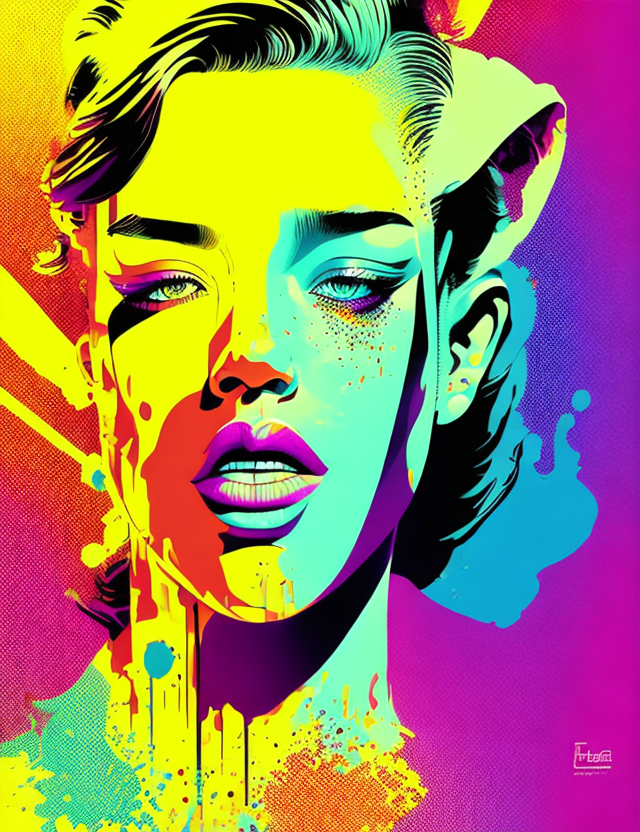 Color halftone poster, hyperrealistic, splash art, concept art, mid shot, intricately detailed, color depth, dramatic, 2/3 face angle, side light, colorful background