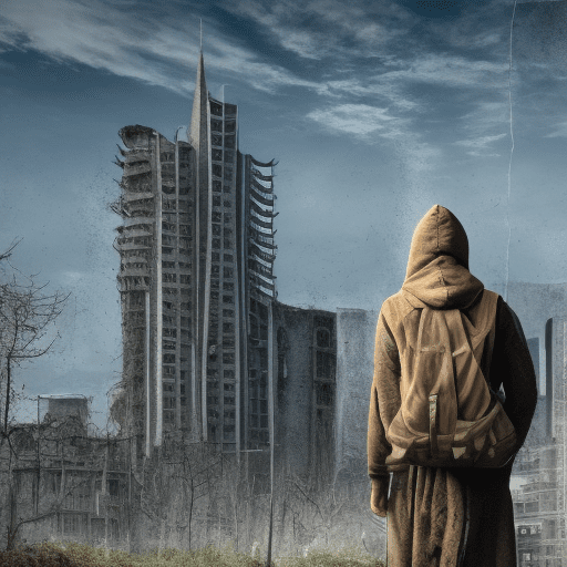 Realistic image of ruined post-apocalyptic frankfurt city. Hooded person from the back.