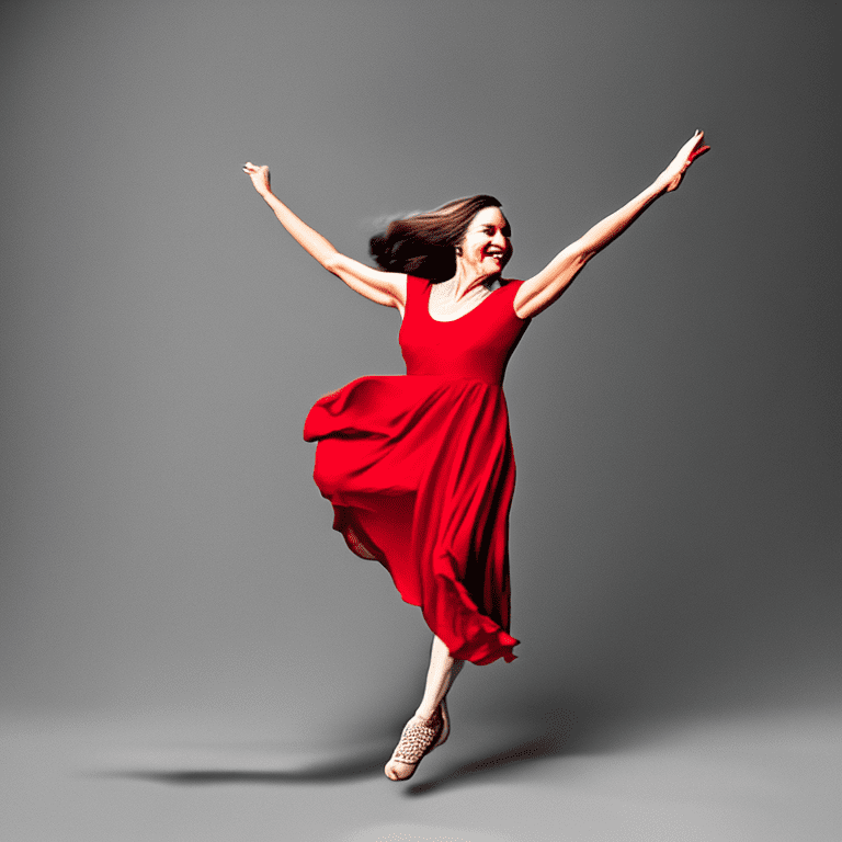 "a beautiful lady dancing gracefully, mid-step, wearing a flowing red dress, arms lifted in joy. "