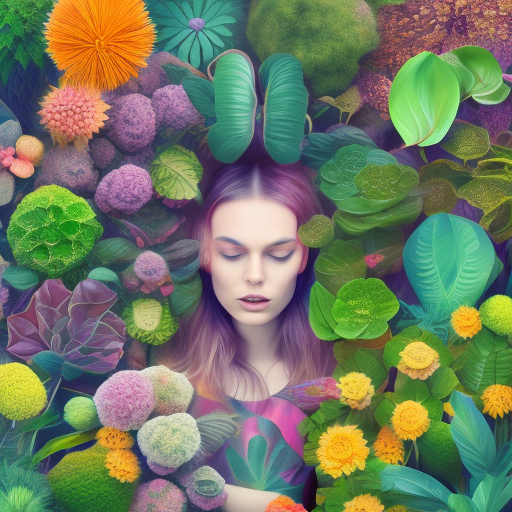 Many different plants, animals and people in colorful and photorealistic