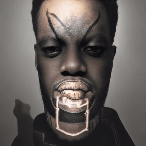 A black man with a metallic gold hand holding a tattoo needle and placing dots on the top of his head, in the style of gottfried helnwein, in a dark art style, with a horror theme and contrasting lighting.