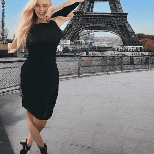 Beautiful realistic blonde girl with dark brown eyes, woman in a stylish black dress, enjoying a night standing in front of the eiffel tower, with the iconic landmark and singularly featured in the background, ((with the model showing a full body view) ), almond-shaped eyes, oval face shape, prominent cheekbones, and naturally wavy hair , with a height of 170 cm, high resolution, masterpiece, best quality, complex details, highly detailed, sharpness, detailed skin texture, perfect eye details, profession, 4k resolution, charming smile, shot with canon, depth of field, kodak vision color, extremely detailed, ultra-realistic photography, photo realistic, post processing, maximum detail, true to life, instagram model, ensure the entire body of the model is shown, black open high heelshyper realistic eye level exterior photo of a mid century modern style house overlooking the ocean, daylight, indirect lighting, ad magazine, frank lloyd, eames, mies van der rohe