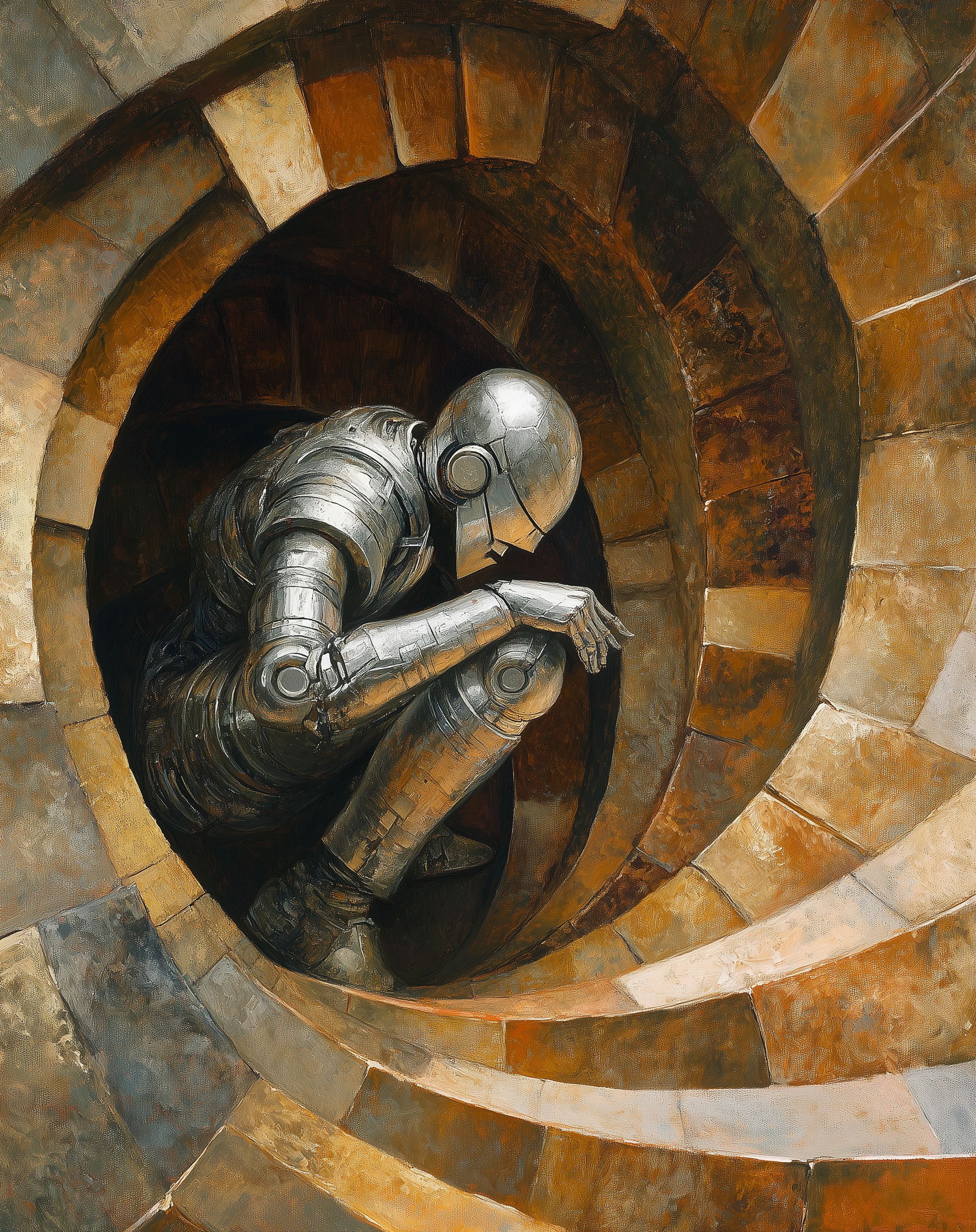 The chrome man is holding the silver robot in his arms, inside of an o older spiral staircase with copper and gold accents, by zdzisław beksiński art style, oil painting --ar 101:128 --v 6. 1 -