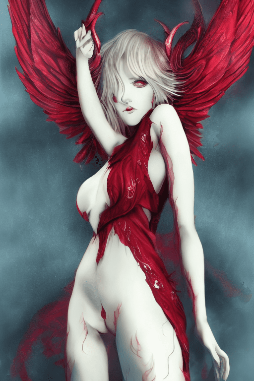 Devil girl. Beautiful face. Realistic face. Slender body. A horned demon. Red iris. Demon wings. Detailed face. Detailed eyes. High quality picture. Detailed picture. Masterpiece. Artstation. A high resolution. Full body. Red silk side slit dress.
