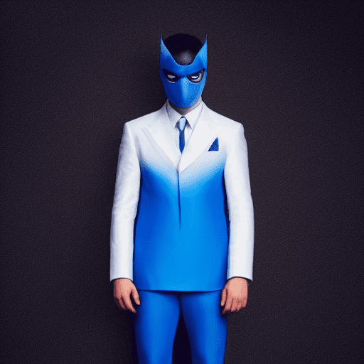 Superhero named "ubicuo" blue suit with a white letter u on the chest, arms crossed, handsome, perfect body, perfect face, mask, dark blue gradient