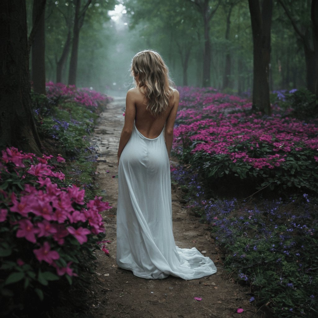 Her back to the camera, standing in front an old stone wall, (overgrown:1. 1) with (purple:1. 1) and (skyblue:1. 1) flowers, (full:1. 2) body photo of a young (ghostly:1. 1) (glow:1. 1) (godess:1. 2) (siren:1. 2) with flowing long (messy:1. 1) radiant (blonde:1. 2) hair that (cover:1. 3) her well shaped breasts, eyes covered by hair, (volumetric:1. 1) (chiaroscuro:1. 2) (backlit:1. 1) , analog color film photograph, 50mm f1. 2l lens (shallow:1. 2) depth of field, emotions, sensual pose, high dynamic range, hdr, low key, (subsurface scattering:1. 2) , (moody:0. 9) shadows and (complex:1. 1) lighting. (green:0. 5) radiant eyes, raw photography. She is only wearing a yellow rain coat that that she pushed to the side. Revealing her naked ass, (back:1. 2) facing the camera, dynamic (volumetric:0. 9) lighting, (godrays:0. 8) , best quality, masterpiece, highres, ultra-detailed, girl (wide:1. 2) hips. Black (messy:1. 2) hair. The light is coming from above her. She is in an open clearing in the forest with thousands of purple and pink (colorful:1. 2) flowers, flower petals (floating:1. 1) in the (hazy:1. 2) air.