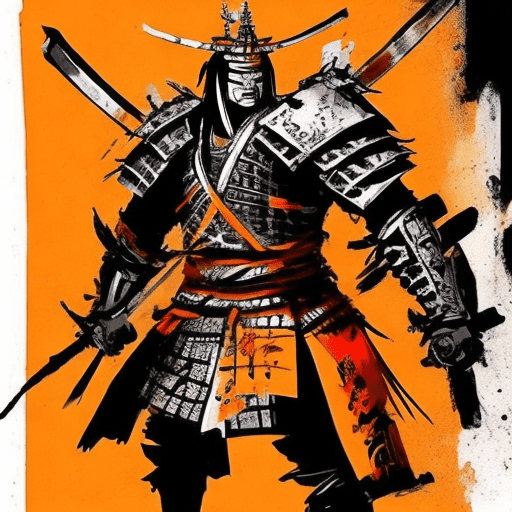 Samurai in full armor, concept art in the style of yoji shinkawa and dominik mayer with vibrant colors and a dynamic composition, on an orange background, with traditional japanese elements, and a sense of epic adventure. --ar 35:64 --stylize 750
