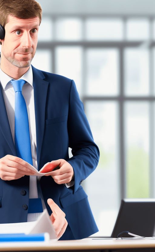 Realistic photo of a teacher showing how to create a business during a conference, hands in his pocket and listening.