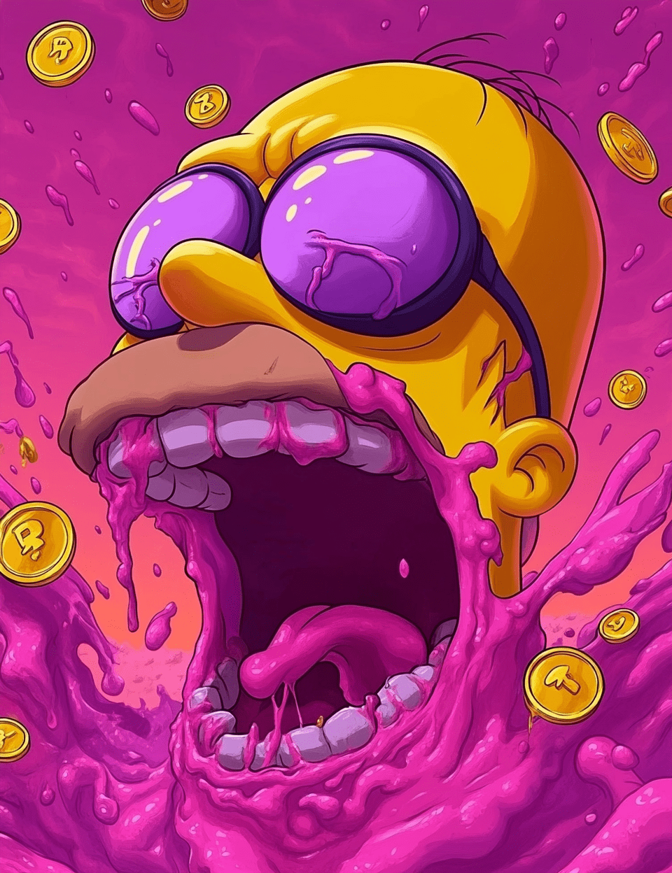 Simpsons-style cartoon art, with an eye patch on the left side of the character's face and purple and yellow colors dripping out of it while they are laughing in pain, with pink goo around them and gold coins floating everywhere, in the style of the simpsons. --ar 67:87