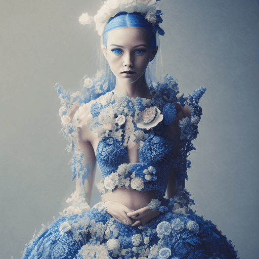 Woman dressed in a dress with blue and white prints, in the style of delicate details, oshare kei, bella kotak, the aesthetic movement, monumental ensembles, , emila medková --v 6. 0 --ar 29:36