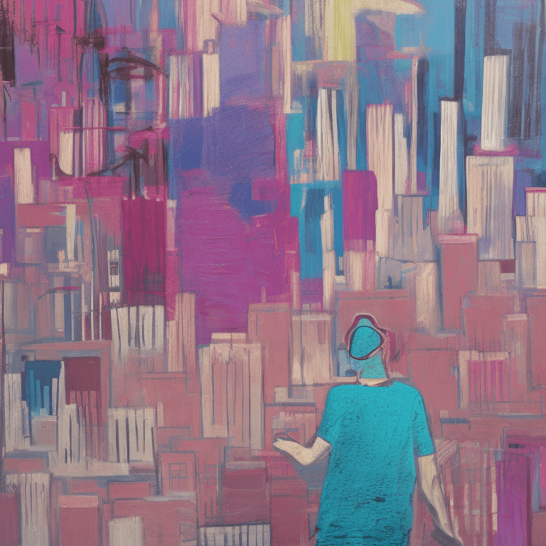 Person in front of a city, baskiat painting, blue, pink, purple