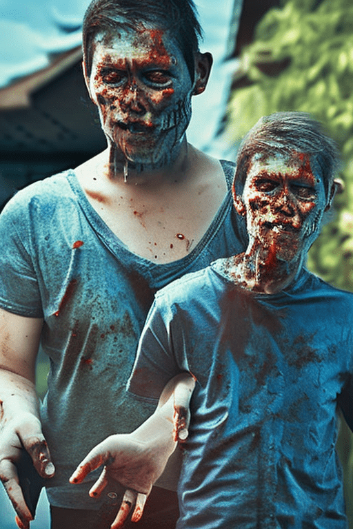 Style cinematic film, man, zombie apocalypse in thailand, ultra detail, blue sky, rim lighting, cinematic lighting, raining, more zombie ,