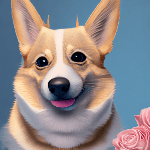 High resolution photography, white background, beige blue salmon pastel palette, interior design magazine, cozy atmosphere; 8k, intricate detail, photorealistic, realistic light, corgi with rose in a mouth.