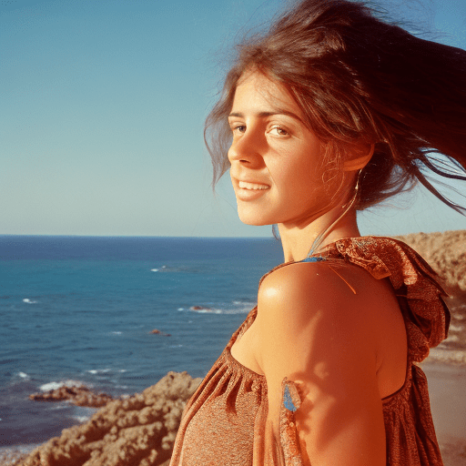 A spanish girl brown hair, brown eyes, with a hippie dress in the mediterranean coast. Captured with a film camera