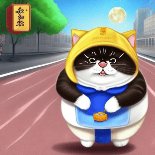A super fat small cat with school uniform and see a mooncake on the road
