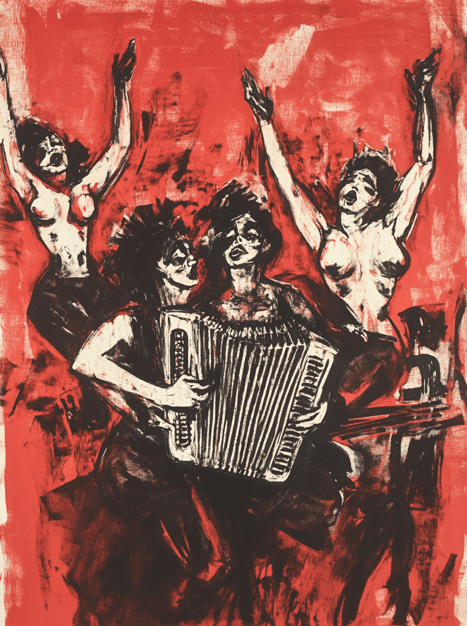 A woodcut depicting several muscular women playing an accordion and sitting on the shoulders of three other figures, in the style of willem de kooning, against a red background.