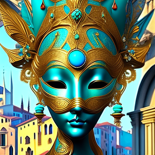 A woman wearing an elaborate mask around her face, in the style of vray tracing, cloisonnism, turquoise and gold, miniature sculptures, impressionistic venice scenes, realistic fantasy artwork, exquisite detail --ar 35:64 --stylize 750 --v 6