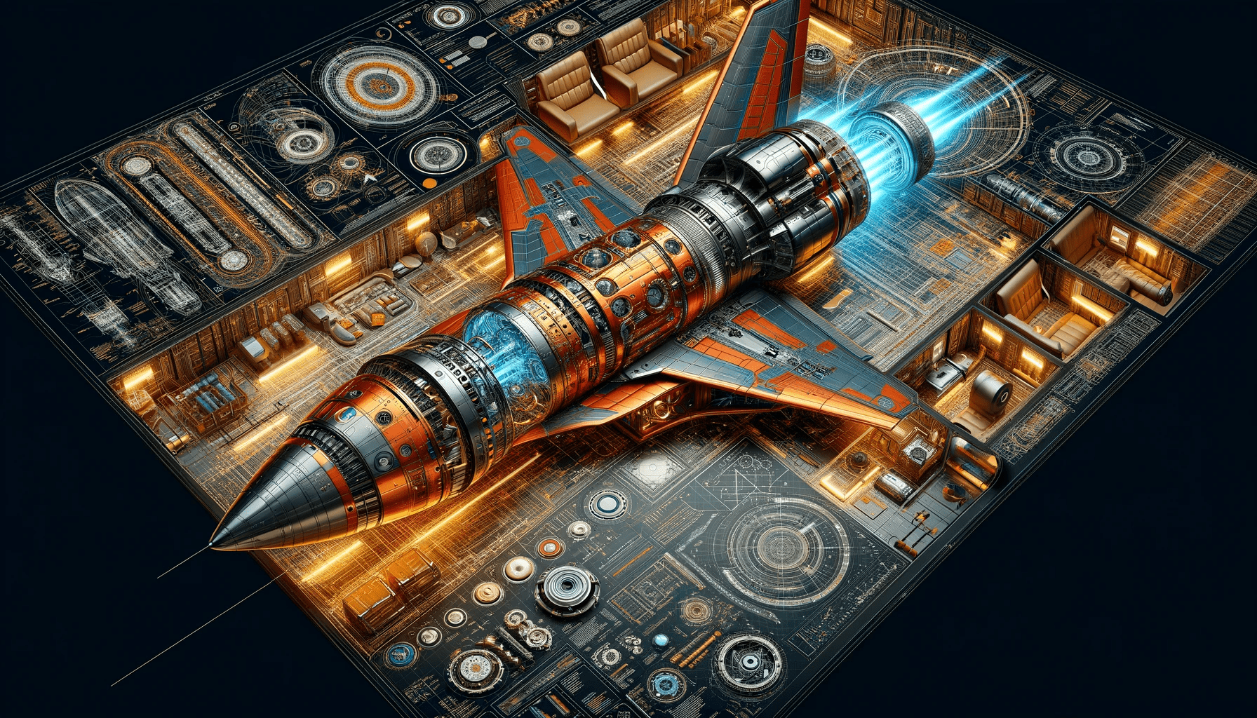 Produce an ultra-realistic and detailed technical illustration of a spacecraft, rendered in 3d, showcasing a cutaway design that reveals its internal structure. The spacecraft should be rendered with a sleek, streamlined body in vibrant orange and metallic shades. The image must include annotated engineering blueprints, detailed schematics, and callouts, set against a technical background that provides a comprehensive view of the craft's design. Aim for a sketch-like style that merges artistic intricacy with mechanical precision, complete with various angles and detailed exploded views of spacecraft components
