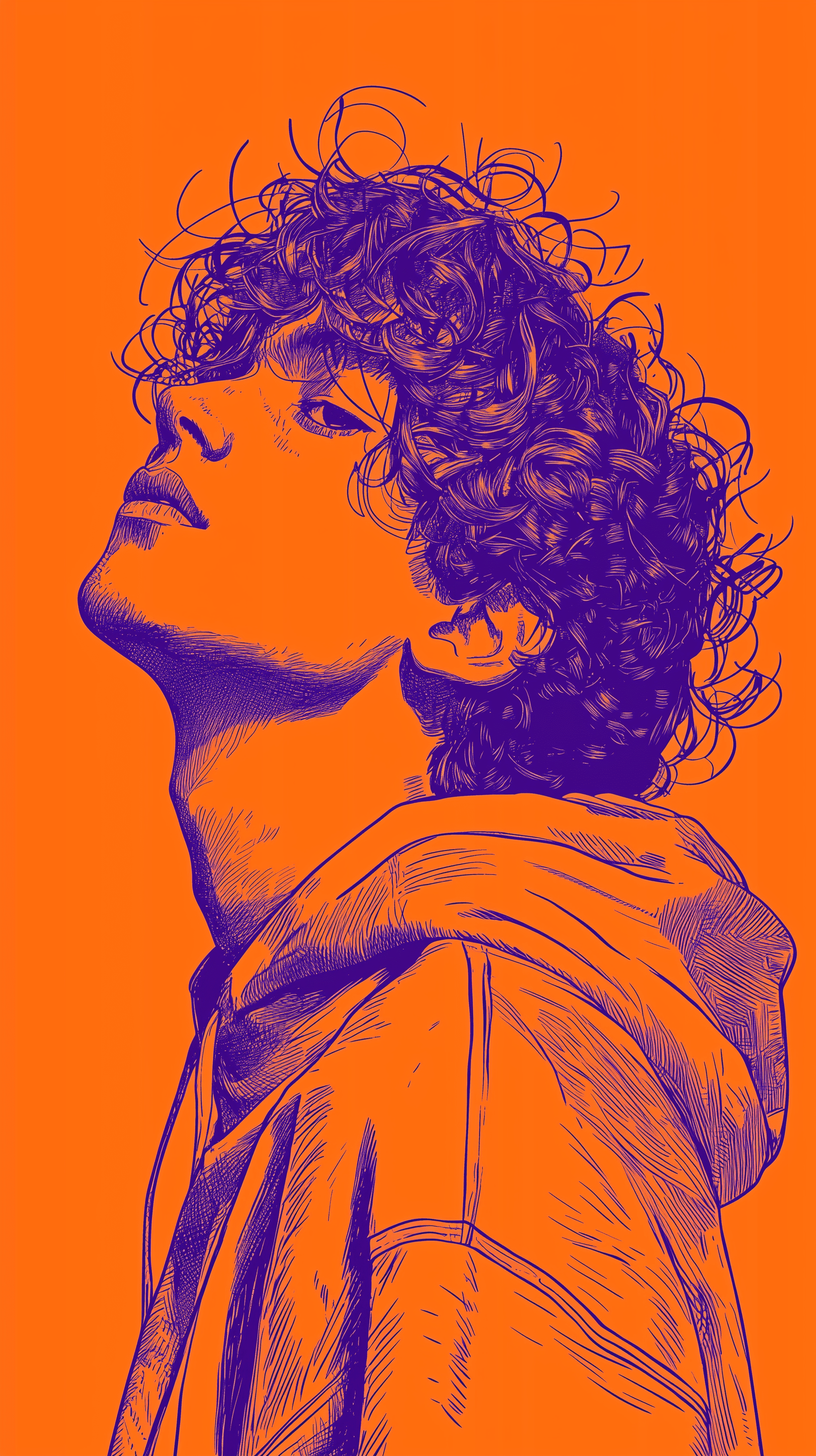 Duo tone graphic design, three-quarter view of a teenage boy, deep purple outline on neon orange background, messy curly hair, round face, wearing a hoodie, small nose and full lips, dynamic pose with head slightly tilted --ar 9:16 --quality 2 --style raw --v 6. 1