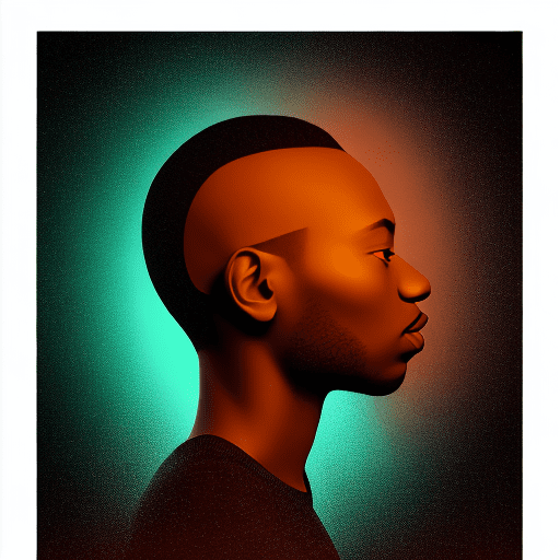 Photography, portrait of contrast, profile silhouette of a black man, vibrant orange backdrop, visualize using a camera setup that mimics a large aperture, focusing solely on the silhouette's edge, while a low iso maintains the richness of color without grain, photorealistic, uhd --ar 9:16 --chaos 1. 7 --style raw