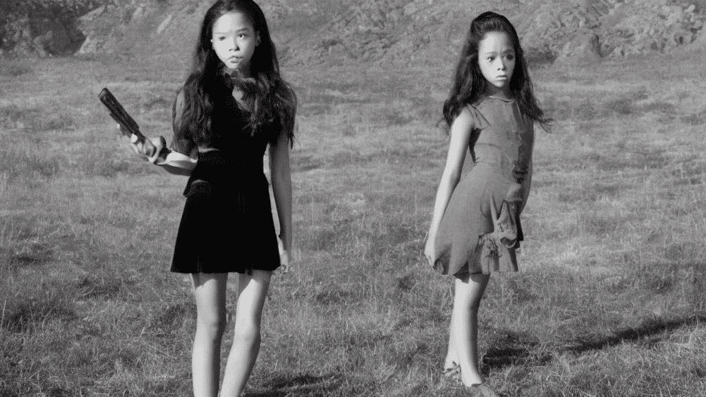 Jenna ortega in wednesday movie in a black dress, deadpan and emotionless, standing against a stark, gothic background, 1950s super panavision 70, retro