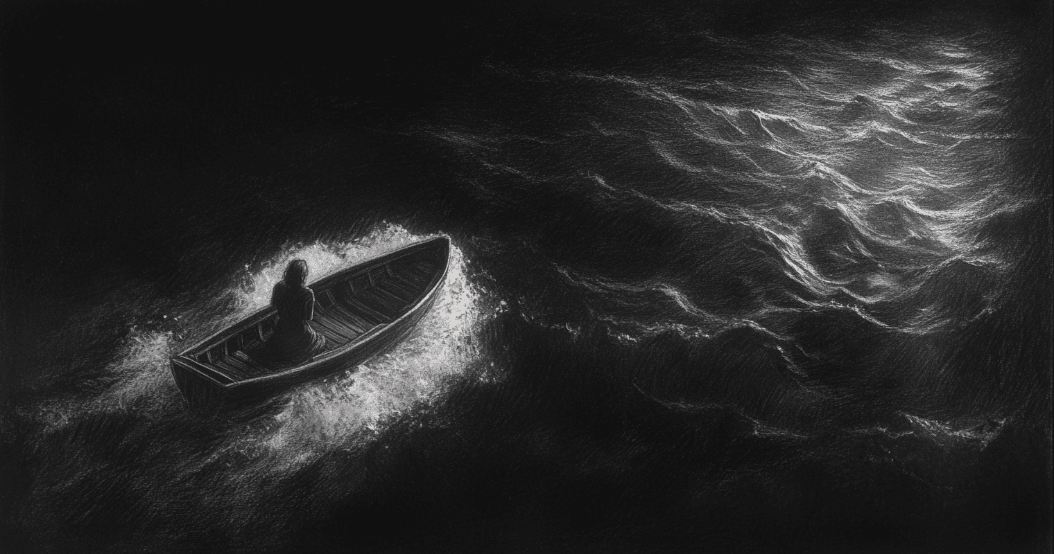 Charcoal drawing of a woman in a small boat floating on dark water, with rough waves and a night-time overhead view, in the style of gustave doré and zdzisław beksiński. --ar 89:47 --v 6. 1