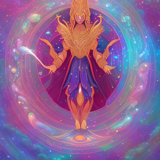 A cosmic god of dreams, adorned in celestial attire and wielding magical wands, dances amidst swirling galaxies. An illustration in the style of pokemon, anime fantasy art with a dark background and an ethereal aura, featuring radiant colors and intricate details in a digital format with vibrant hues. The god is depicted with flowing robes and a majestic presence. --ar 71:128