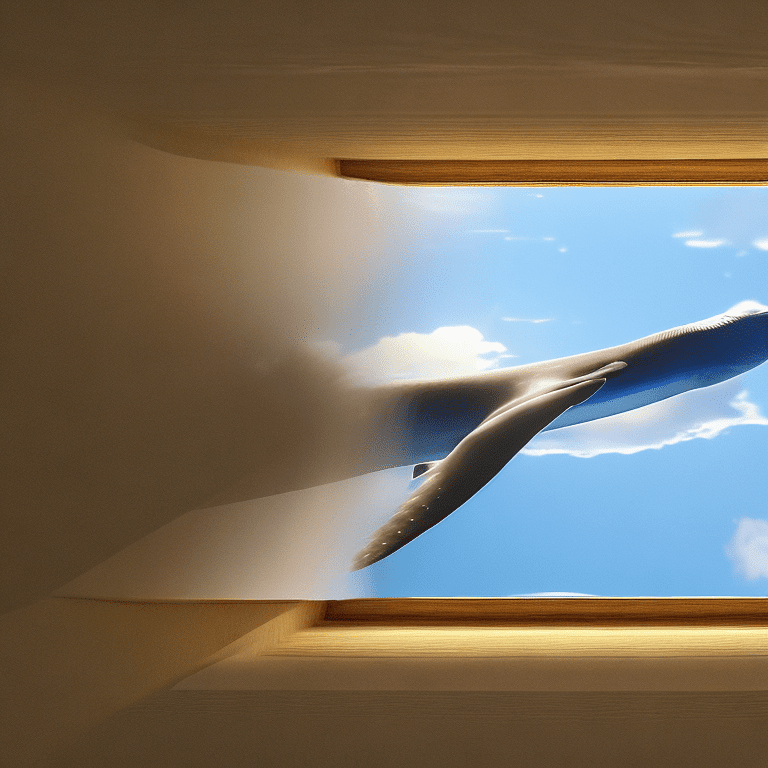 High resolution photography interior design, dreamy cloud sky, blue whale flying in clouds, the sunset; 4k, intricate detail, photorealistic, realistic light, wide angle focused, extreme details, cinematic, masterpiece, art by studio ghibli