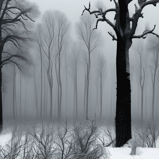 Draw a dense forest shrouded in the eerie stillness of a nuclear winter. The trees, once lush and green, now stand bare and skeletal, their branches coated with a thick layer of ash and ice. The ground is covered in a deep blanket of snow, with occasional patches of dark, exposed earth. The sky above is a dull, ominous gray, filled with swirling clouds of ash that block out the sun. In the distance, faint outlines of mountains can be seen, their peaks dusted with snow. The air is heavy and cold, with a haunting silence that permeates the scene. Sparse vegetation struggles to survive, and the forest floor is littered with the remnants of a once-vibrant ecosystem, now frozen and lifeless. Small, dark shapes of animals can occasionally be glimpsed, moving slowly through the desolate landscape, their breath visible in the frigid air. "
