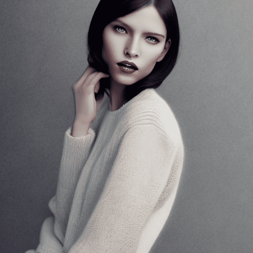 Photography for fashion magazine, model woman with black hair sitting looking at the camera, wearing a thin and elegant autumn and winter collection, open sweater with dress shirt underneath, canon eos-1d, f/5. 6, solid and light background, set studio light --ar 9:16