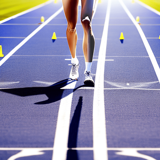 A real image of an athletic tall white blonde female mid-20s athlete wearing a track and field athletics outfit standing on a racing track preparing to run on a sunny day