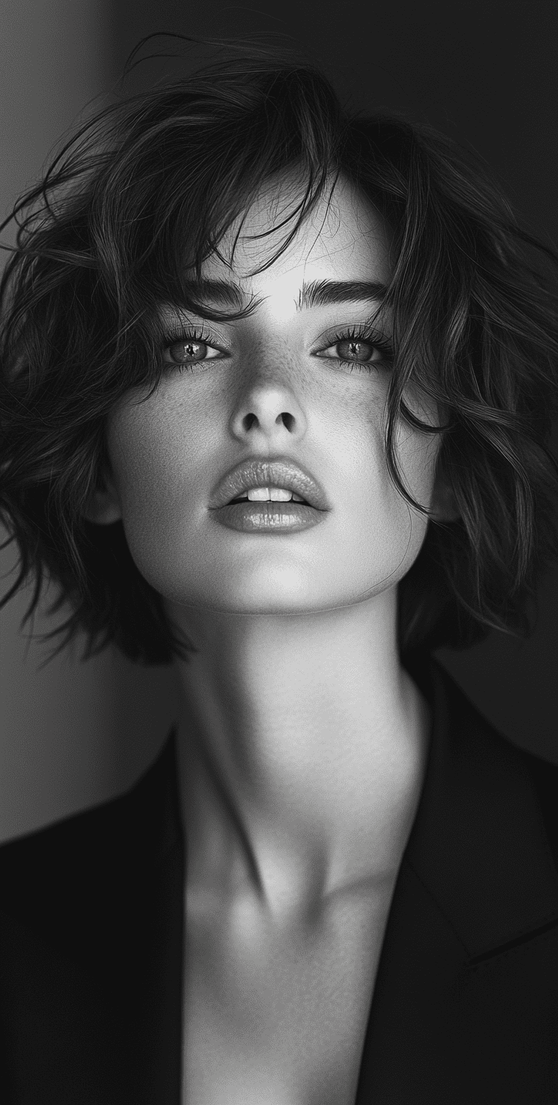 Black and white photograph of an elegant woman with short hair posing for vogue magazine, close-up portrait with high-resolution skin texture, black blazer, messy bob haircut, soft and sleek lighting, editorial photography in the style of peter lindbergh, captured using a hasselblad x2d camera --ar 65:128 --stylize 750 --v 6. 1