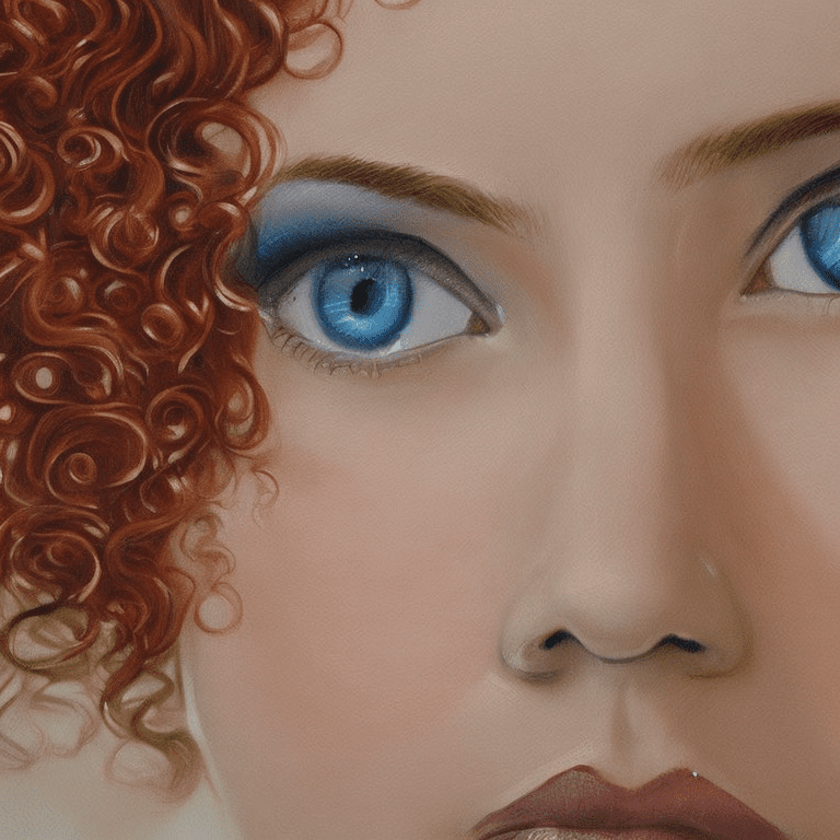 Face of a blue-eyed woman with red and curly hair, painted by baskiat.