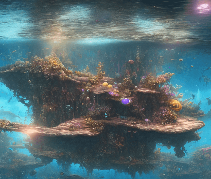 High resolution photography, dreamy; pov, underwater, 3d game, realistic graphics, underwater exploration, subnautica, 8k, intricate detail, aphotorealistic, realistic light, wide angle, masterpiece, underwater relief, sunken spaceship in background