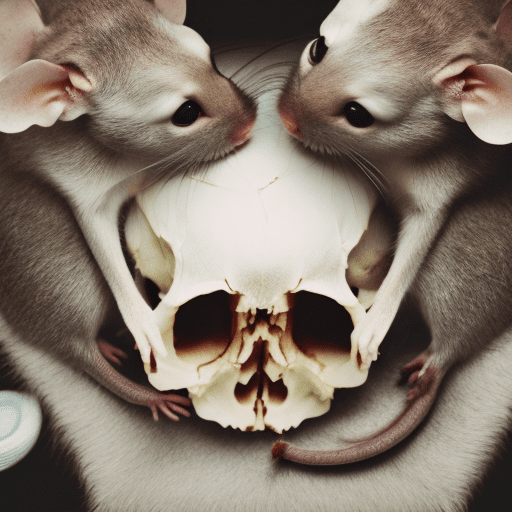 Upper view of open skull with two rats having a date in the skull trying to propose